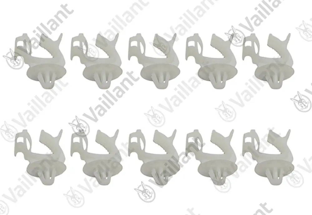 Vaillant Clips in Weiß, stapelbar angeordnet. Geeignet zur Montage. Zehn Stück sichtbar.